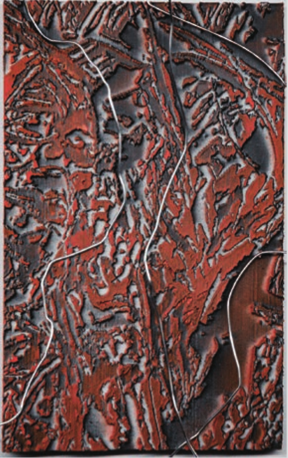 Red and gray physical texture experiment with branching grooves
