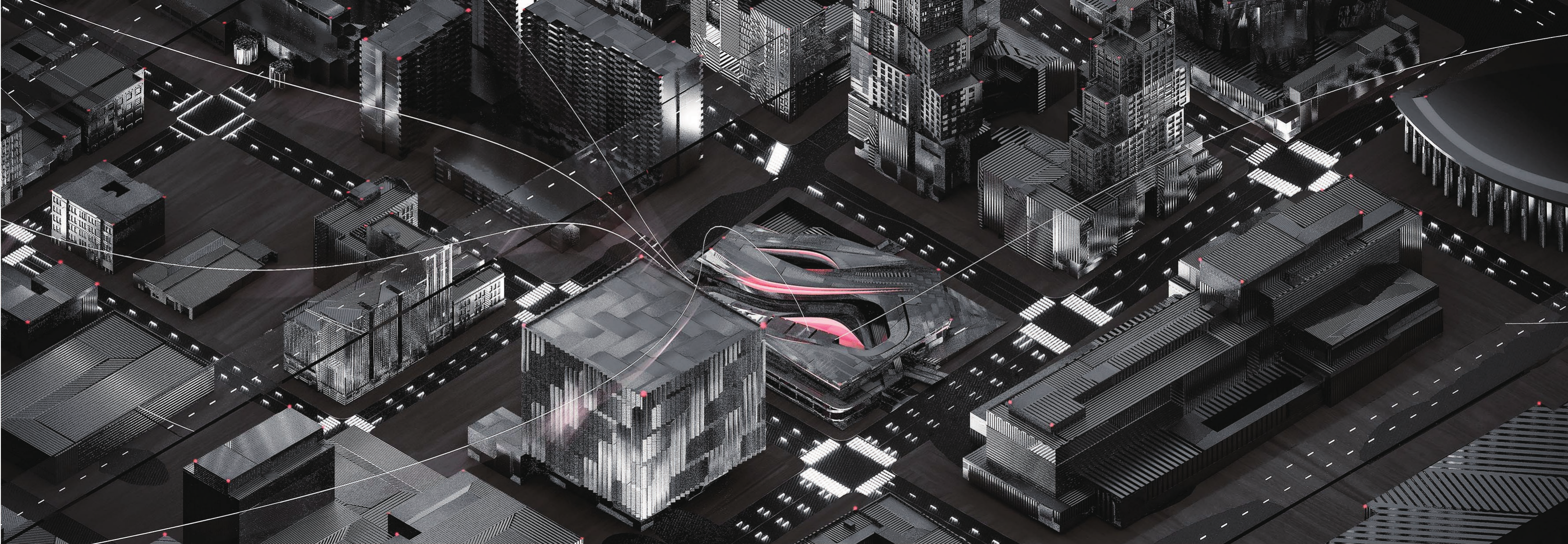 Night aerial model of a speculative transportation hub in downtown Los Angeles