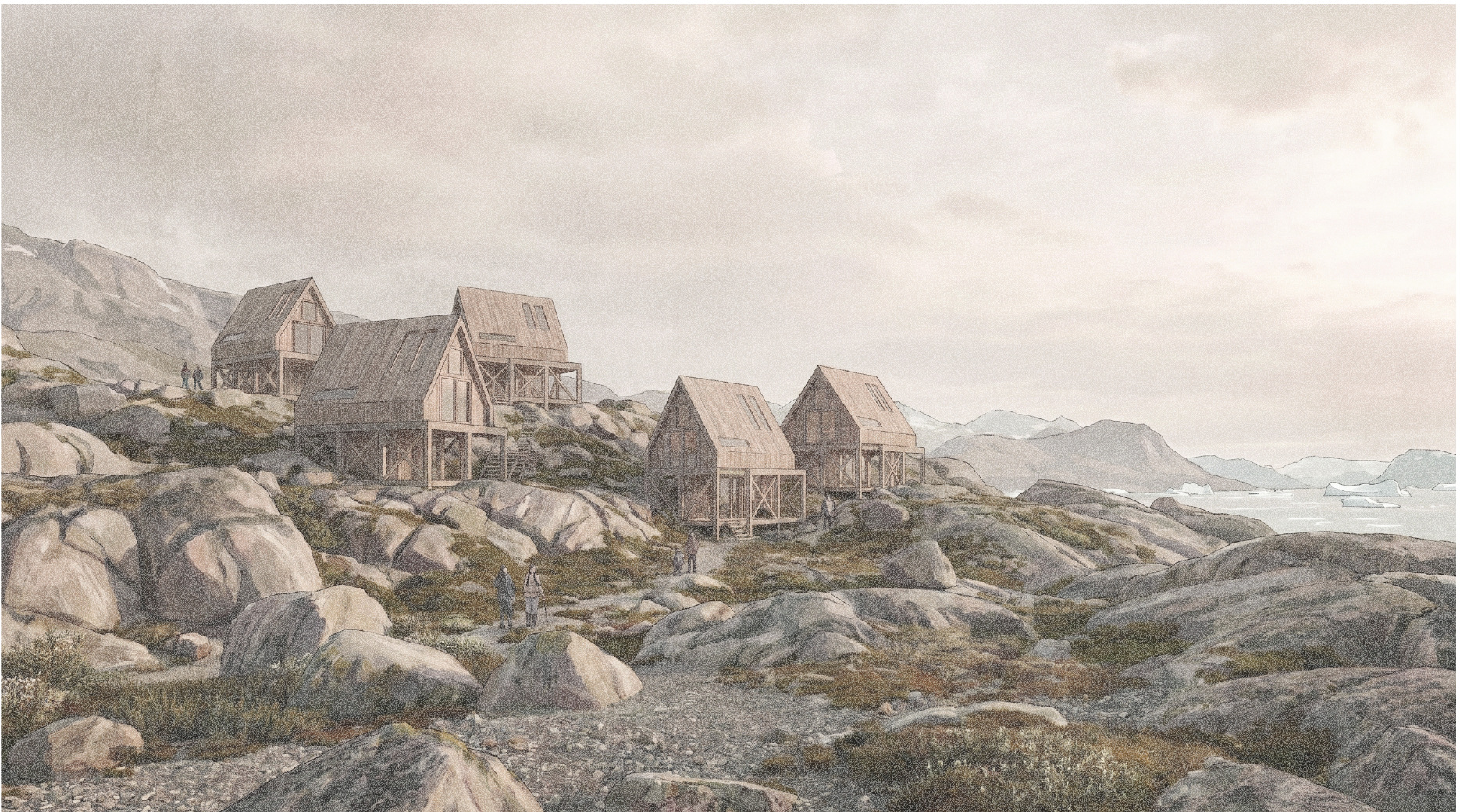 Temporary timber housing raised above the rocky landscape