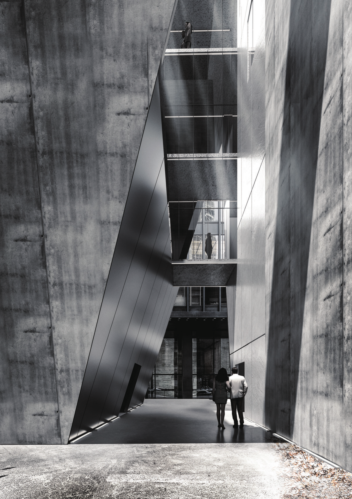 Tall civic courtyard with a suspended stair