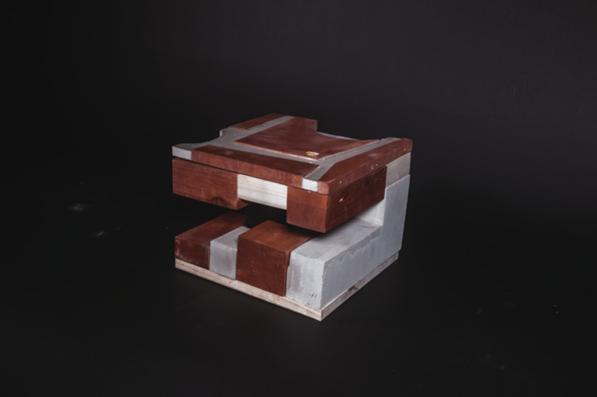 Interlocking red white and gray volumetric studies