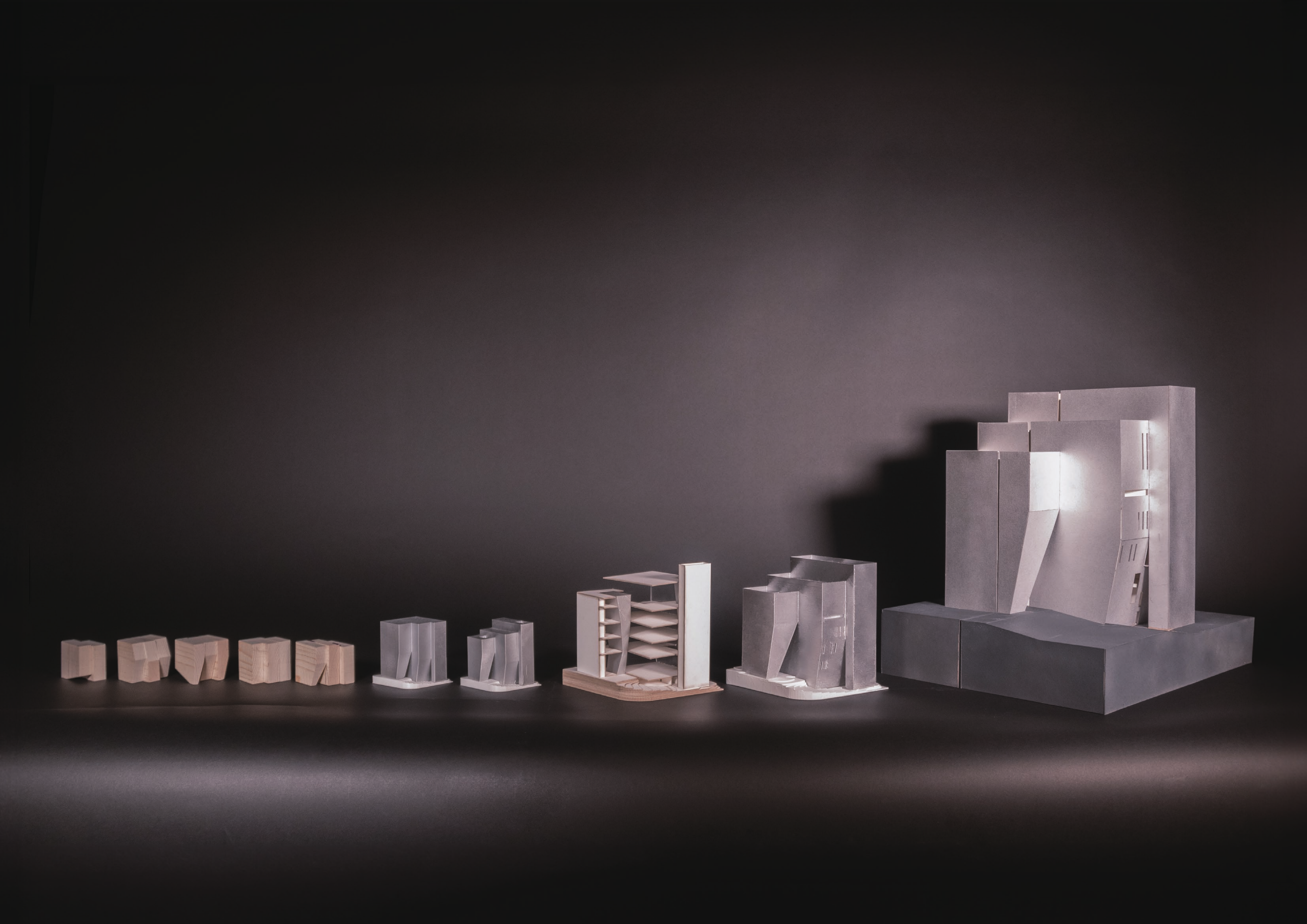 Complete sequence of civic center models from material studies to the final sectional building model