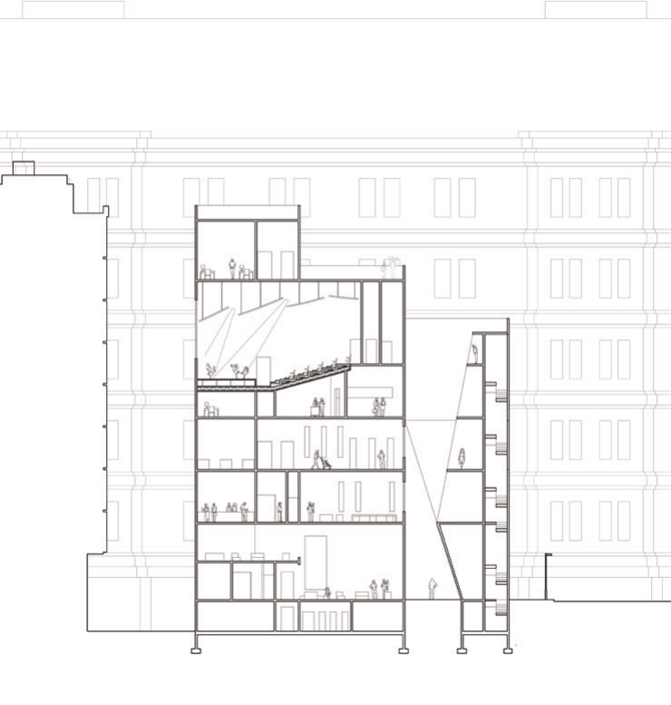 Building section through the light wells and public rooms