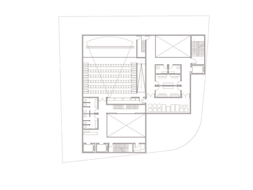 Lower floor plan showing the theater and public circulation