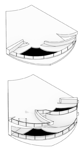 Sectional diagrams showing the conversion of a balcony into a planted enclosure