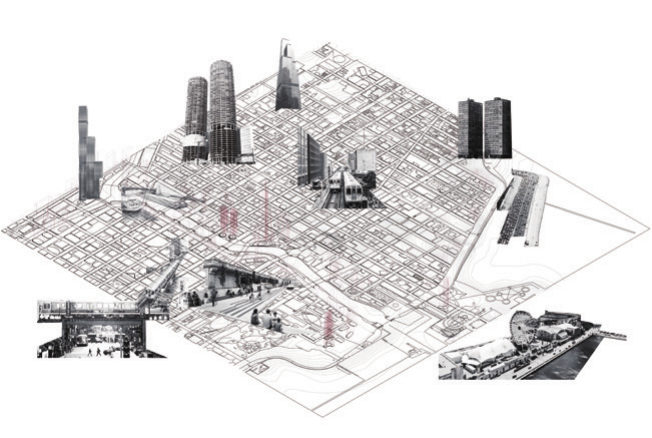 Chicago context montage locating Marina City within the city grid and riverfront