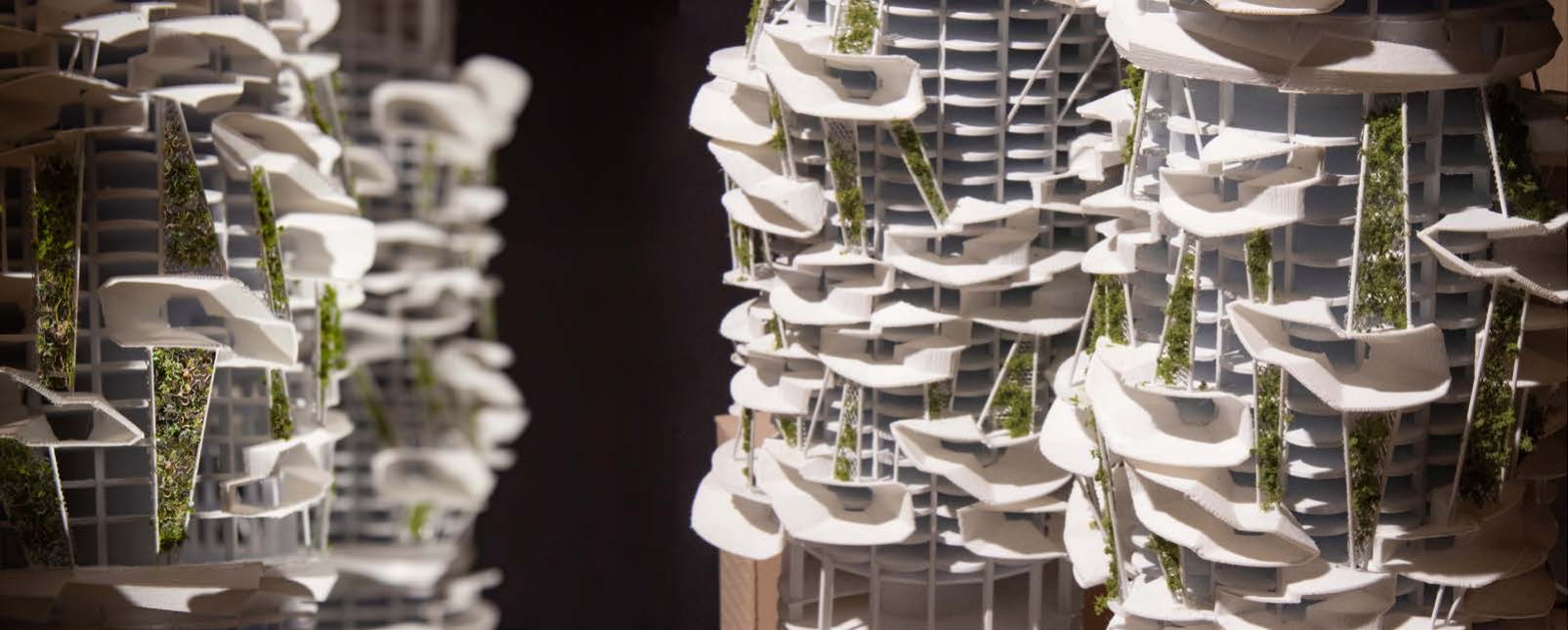 Close view of planted balconies on the model