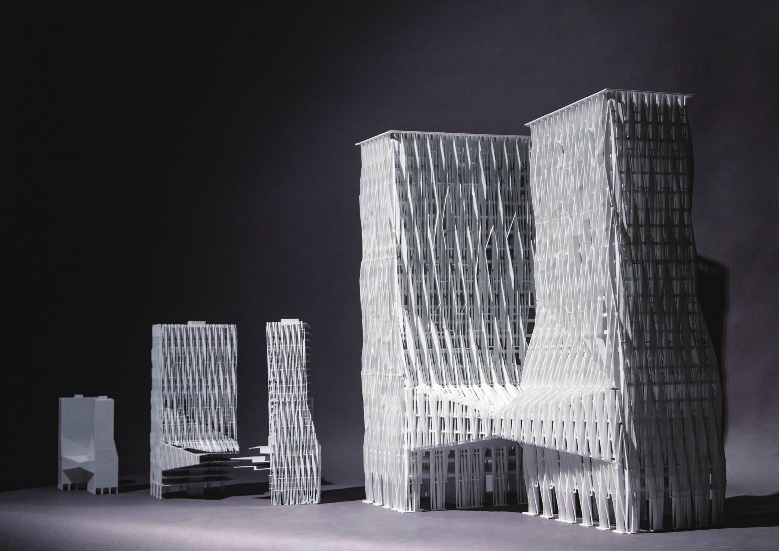Sequence of tower massing and facade studies culminating in the twin-tower proposal