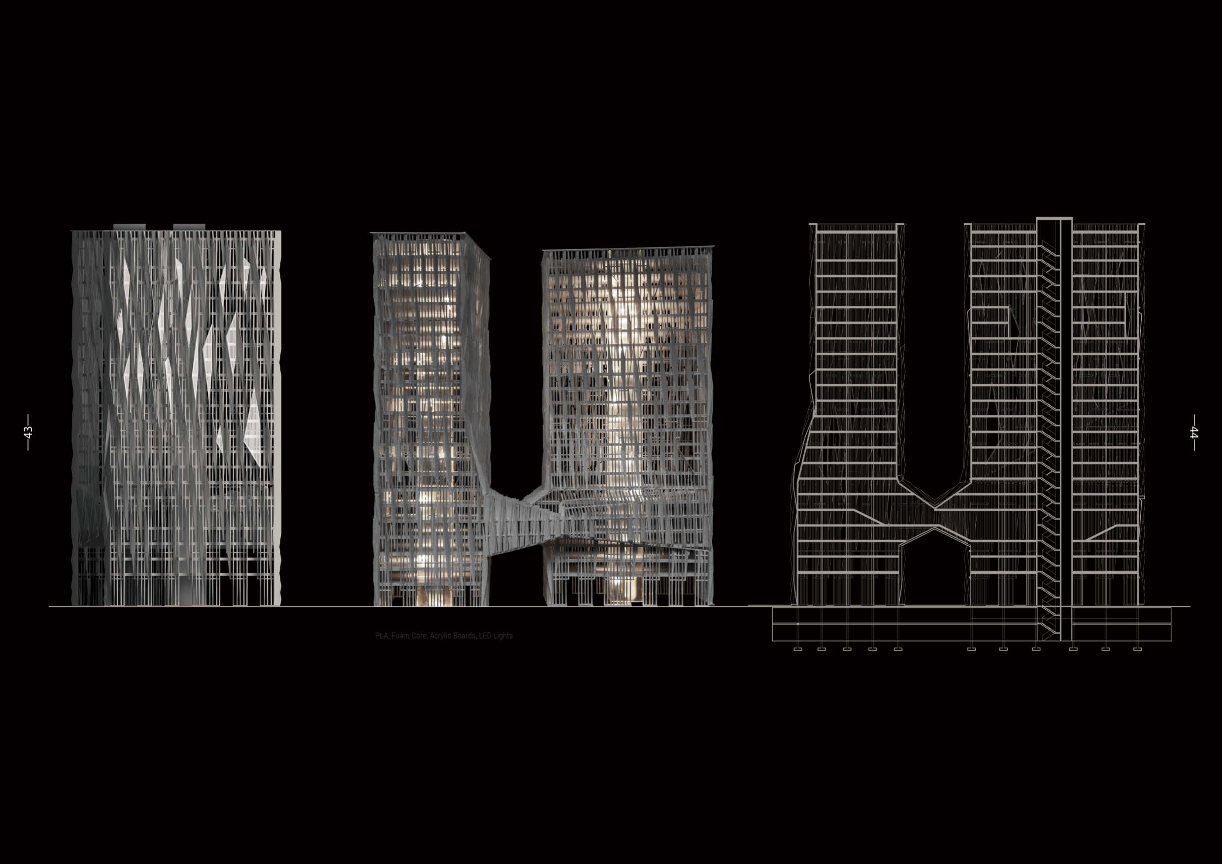 Black presentation drawing showing tower elevations and sections
