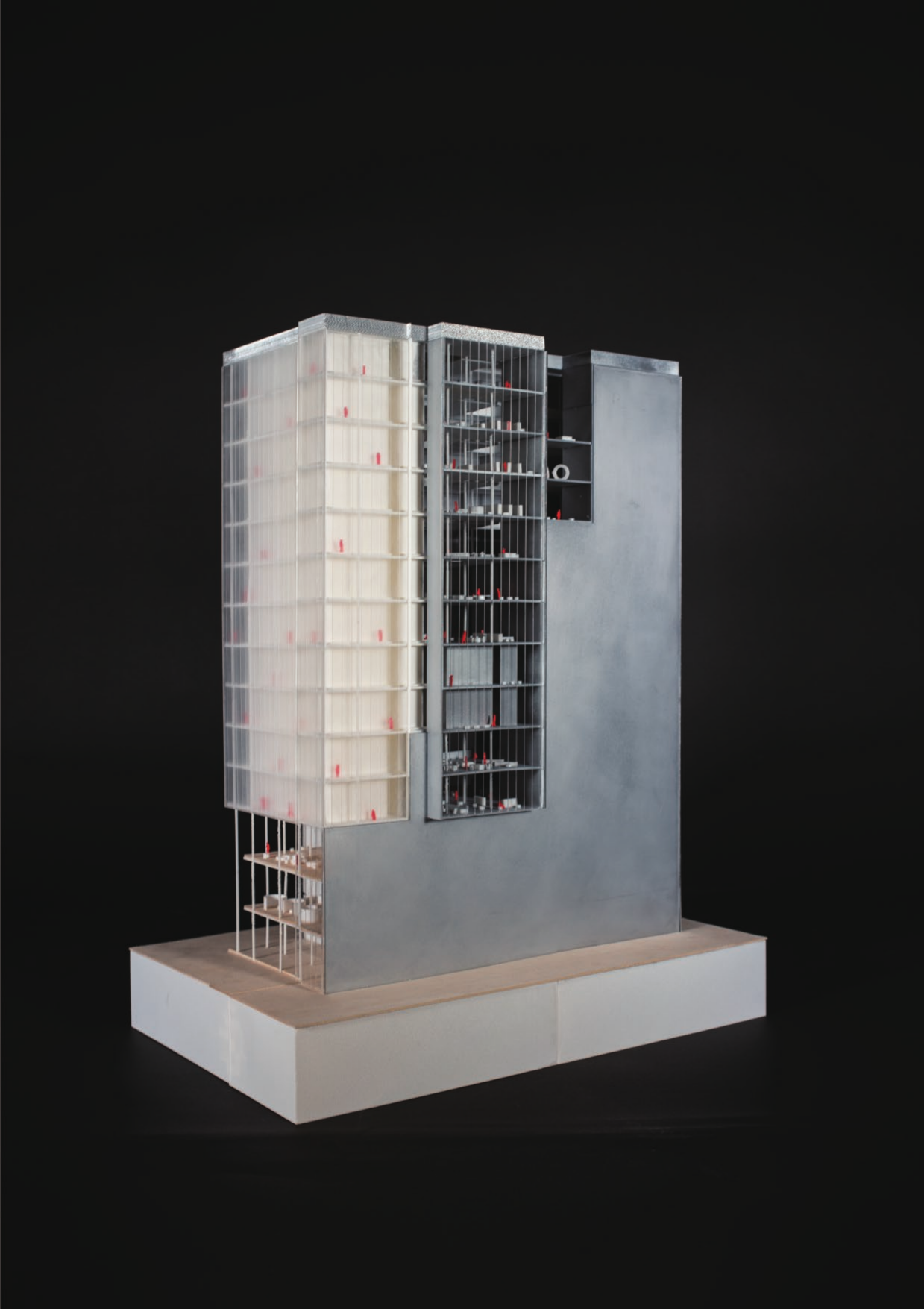Three white physical models of tower studies