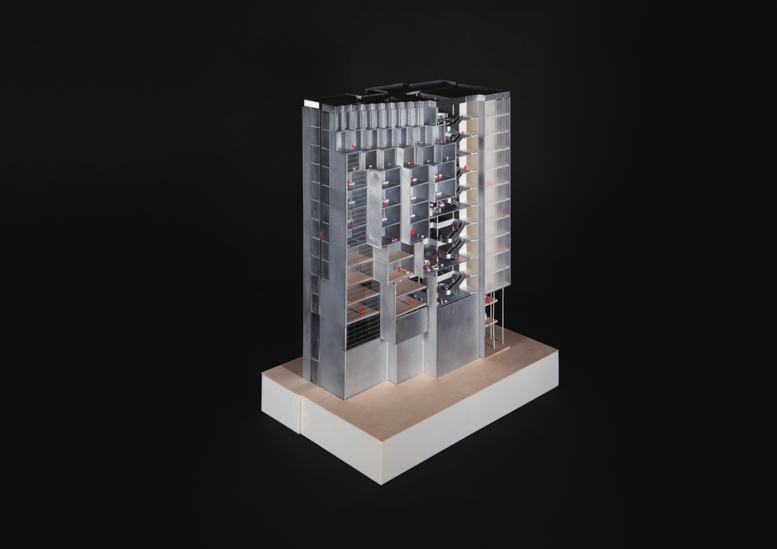 Final sectional model of the vertical music campus showing stacked public and performance spaces