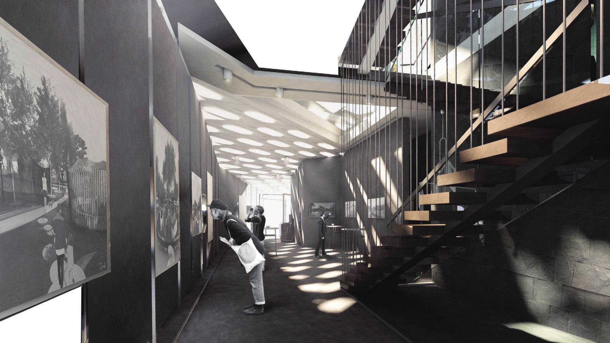 Interior rendering of the main gallery and stair