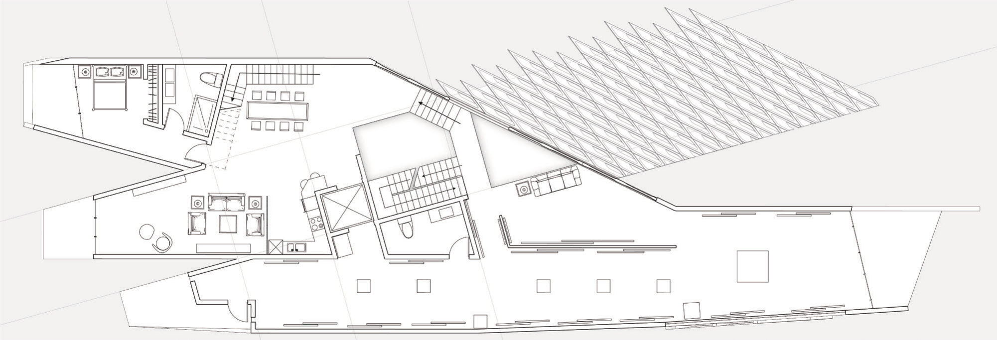 Floor plan organizing gallery living and studio spaces