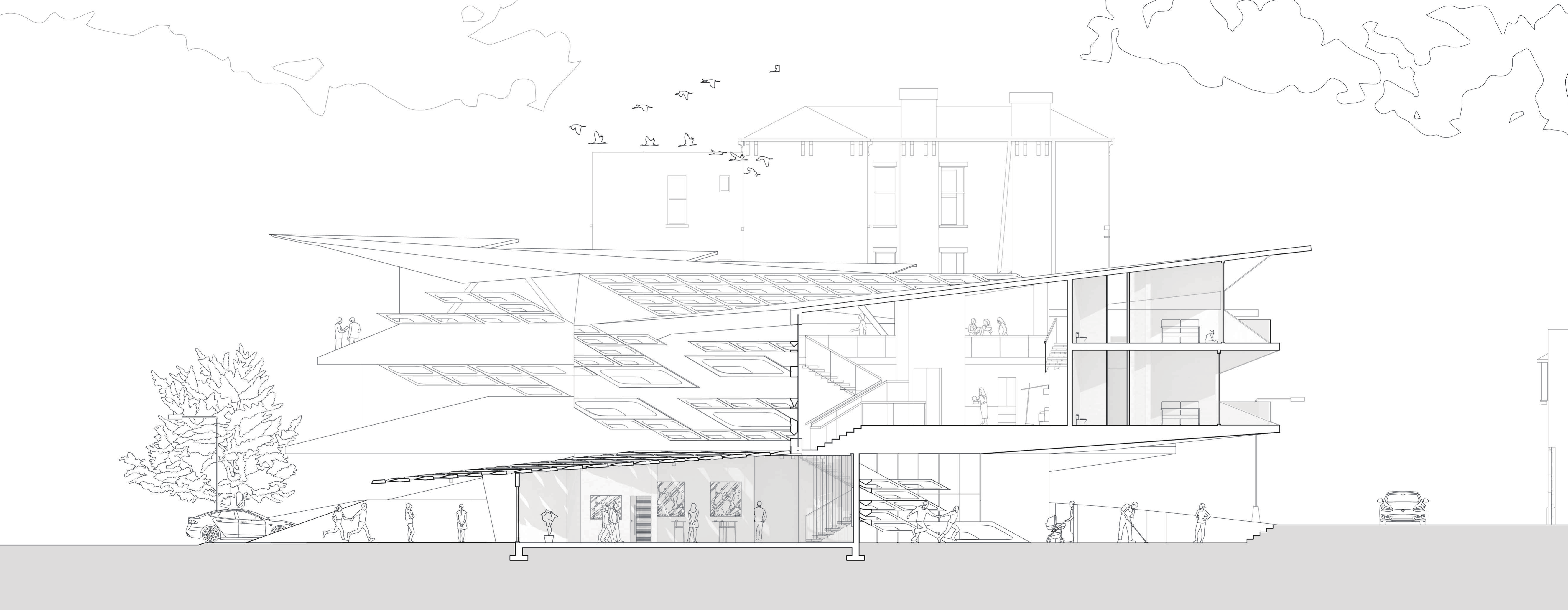 Long section showing galleries living rooms and studios