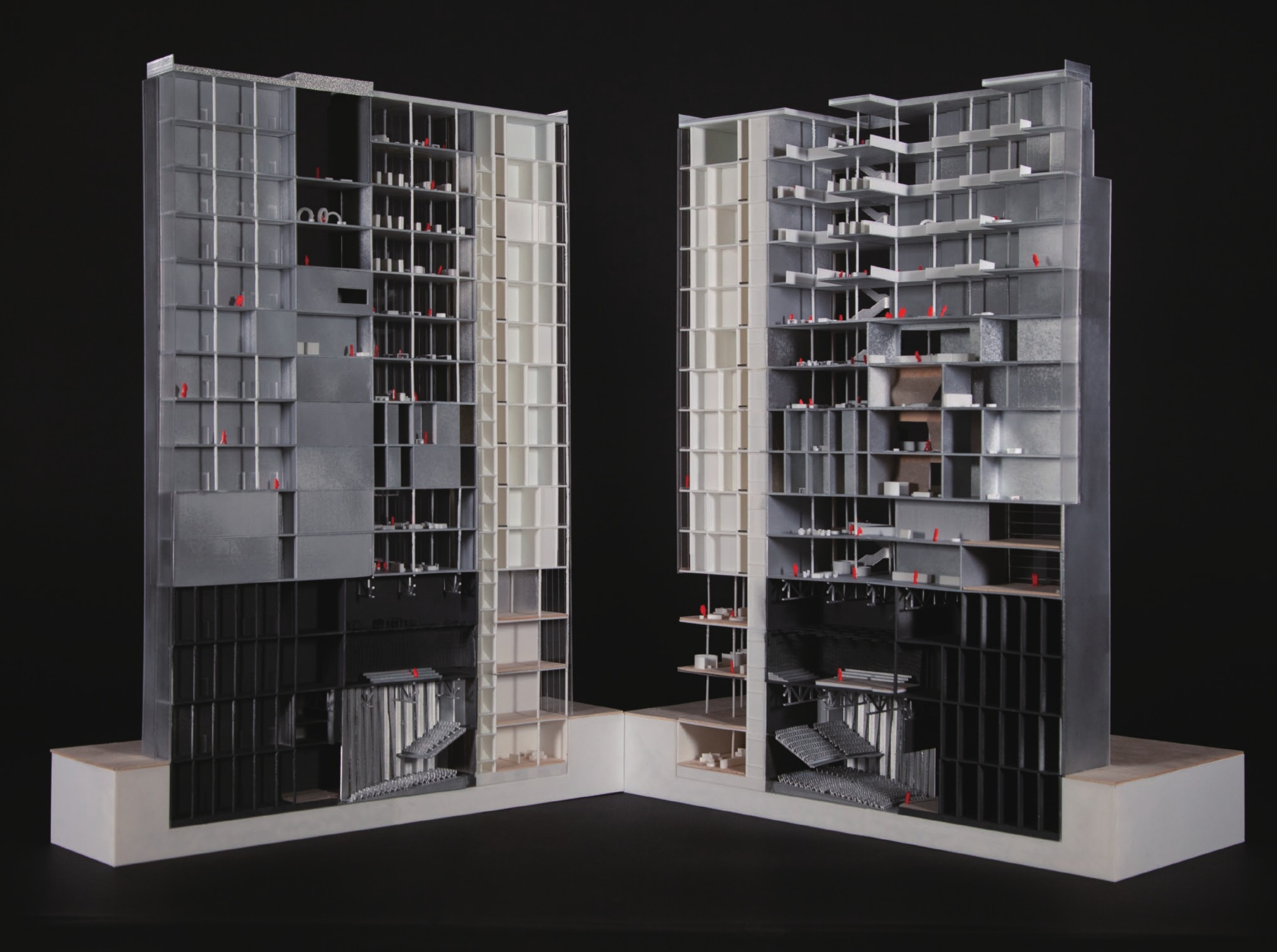 Large sectional model of Berklee’s vertical campus against a black background