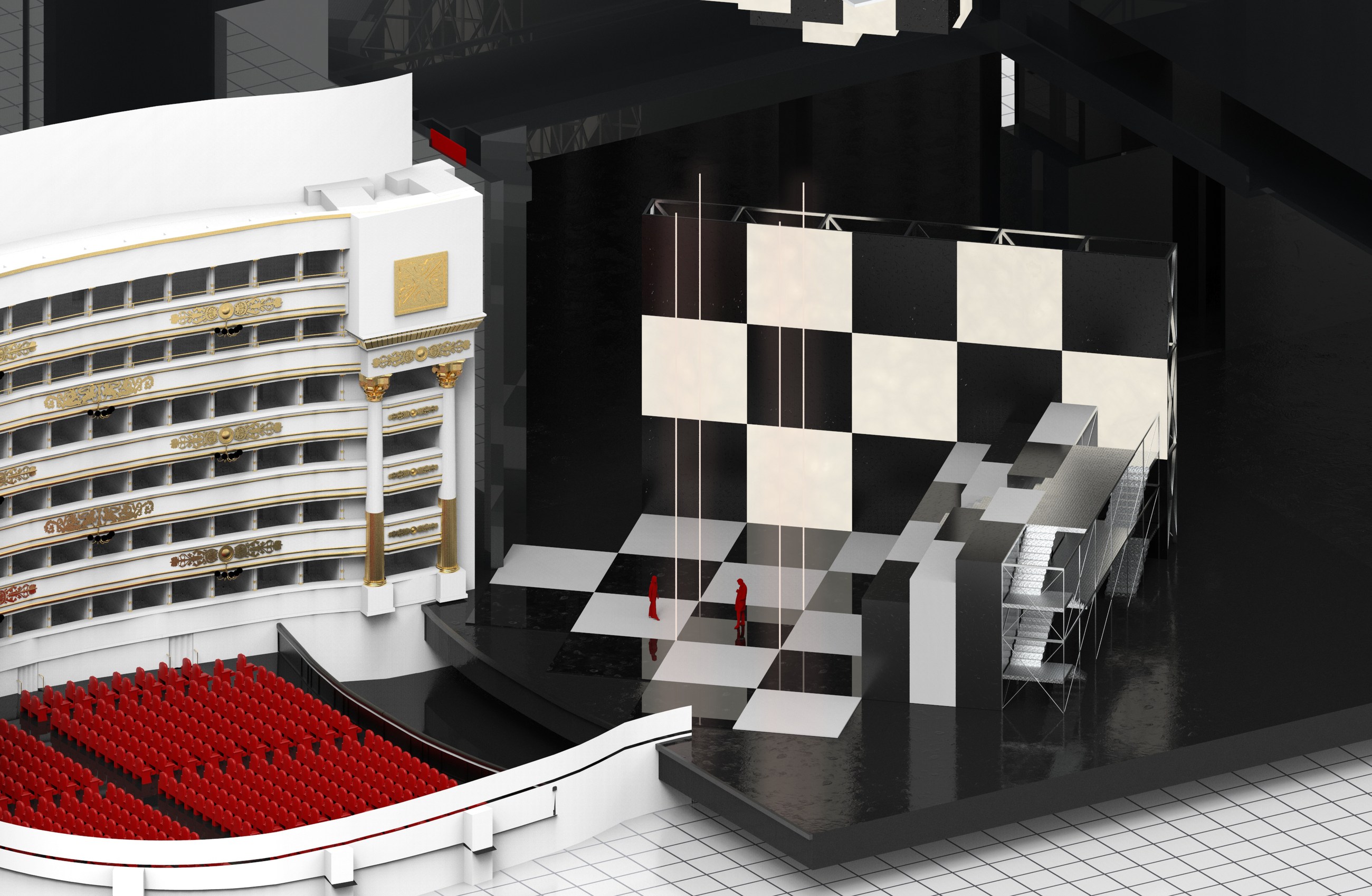 Close axonometric view of the folding chessboard and chorus structure