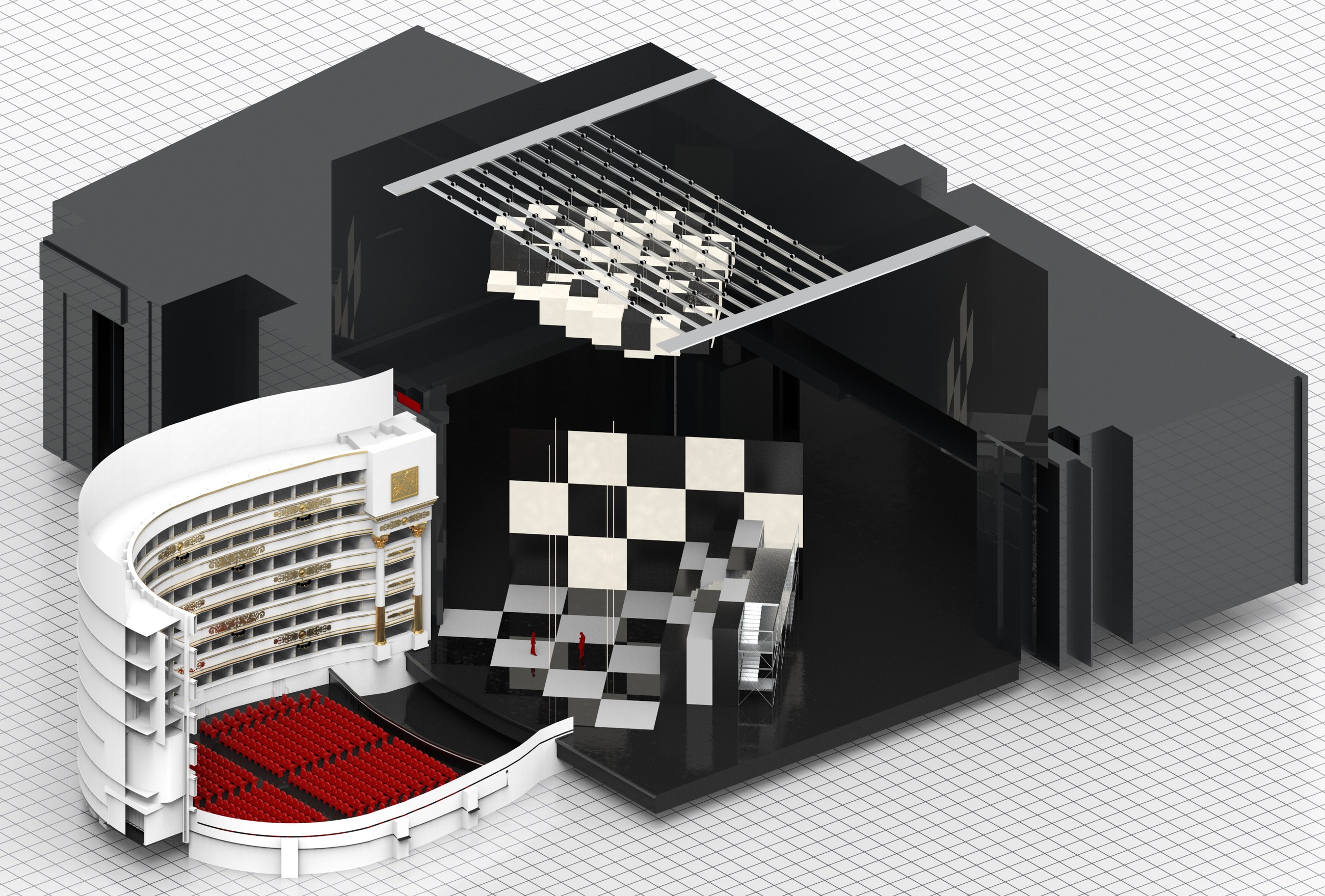 Axonometric view of the Act I stage and auditorium
