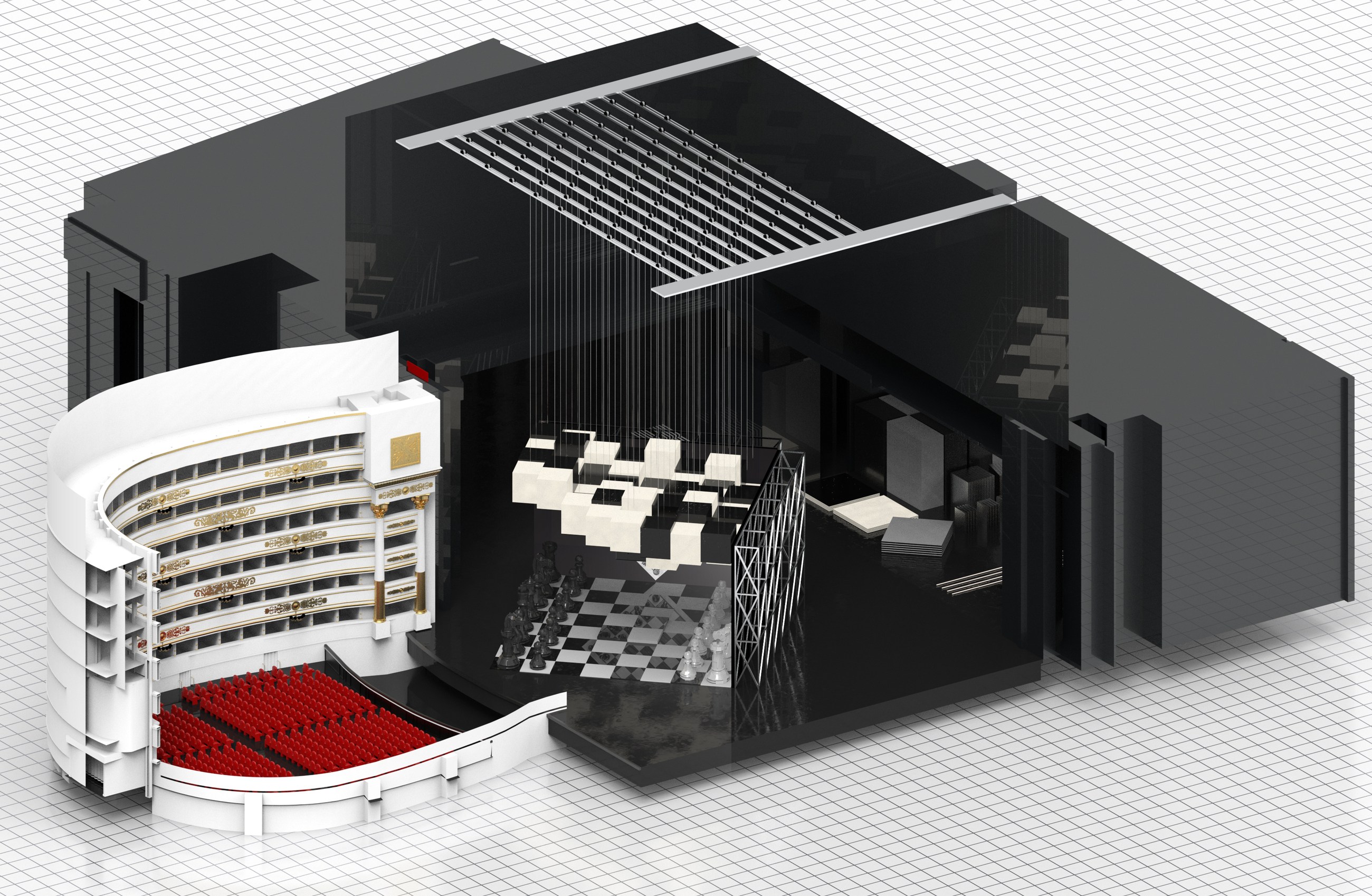 Axonometric view of the Act II stage with suspended scenic blocks