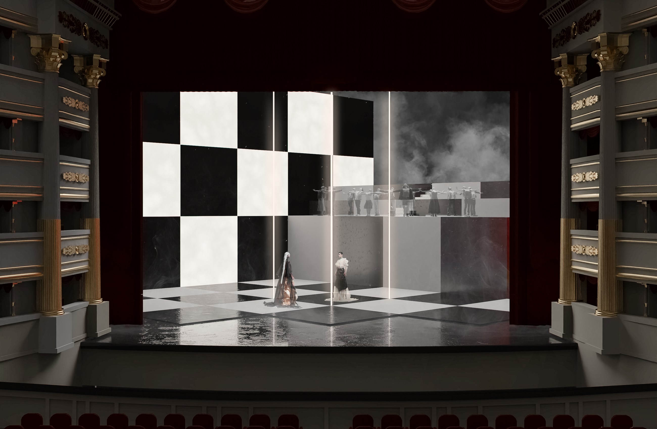 Front stage view of Act I with a rigid black and white social field