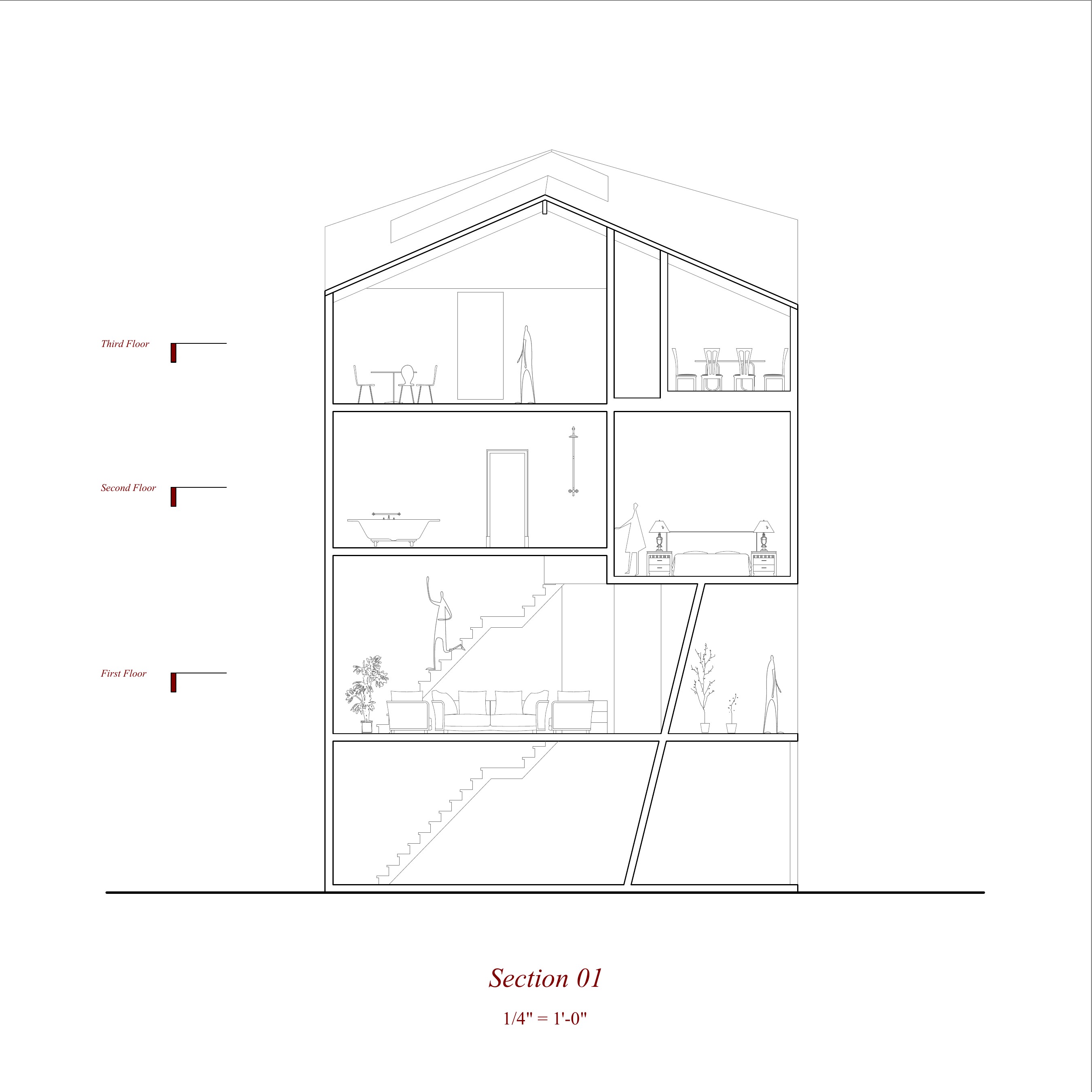 Long section through the two households and shared spaces