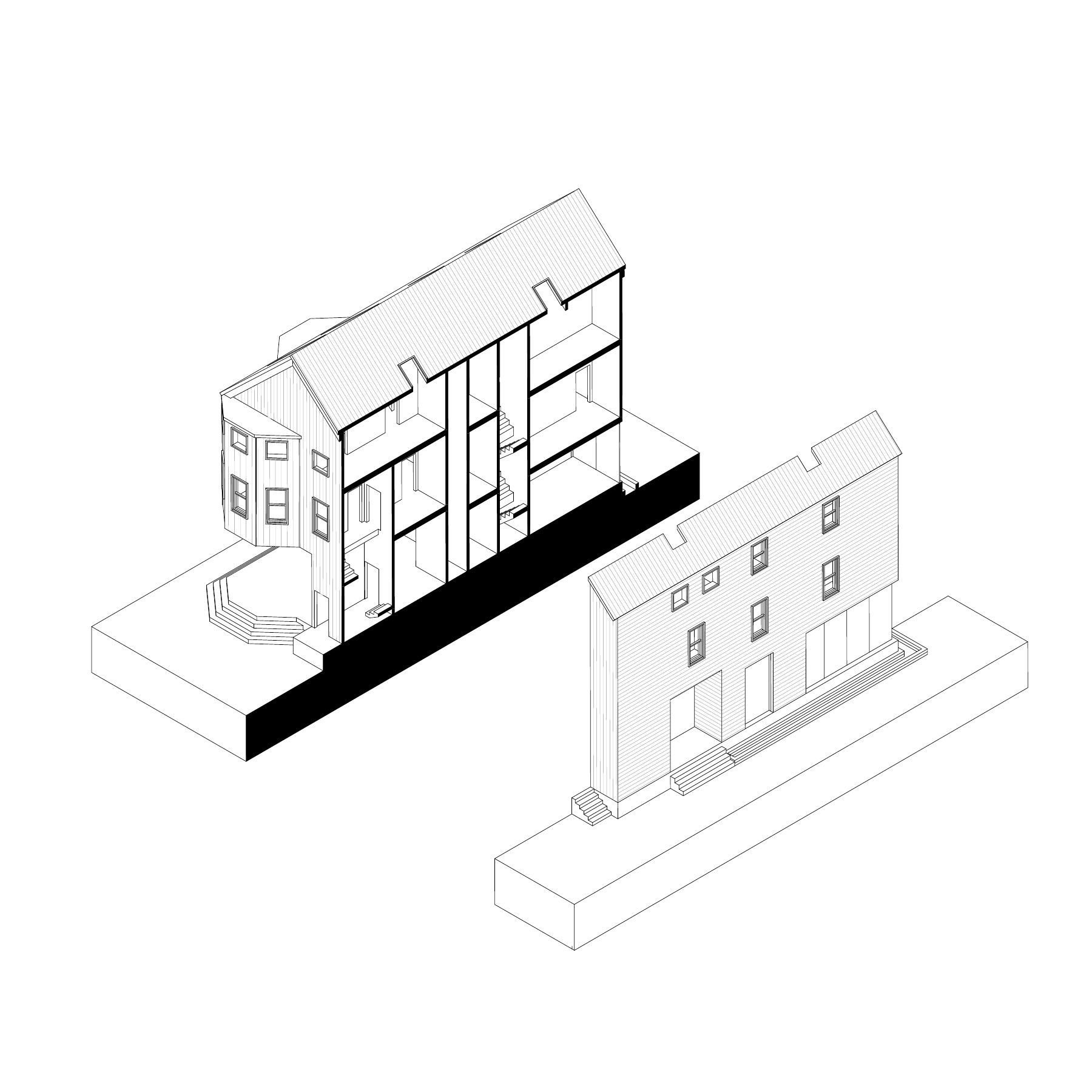 Sectional axonometric drawing of a modified triple-decker