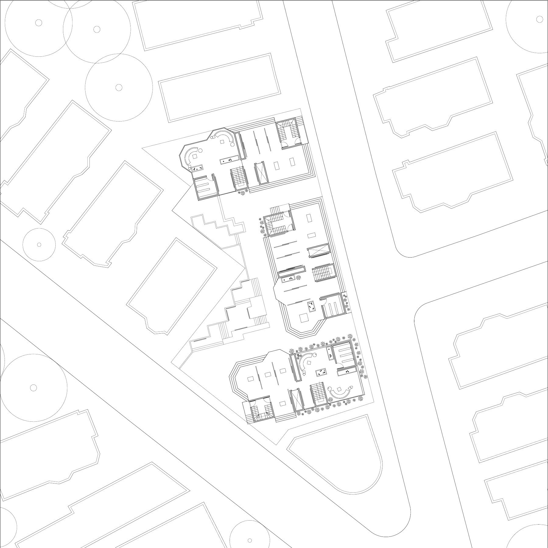 First site plan iteration connecting three triple-deckers