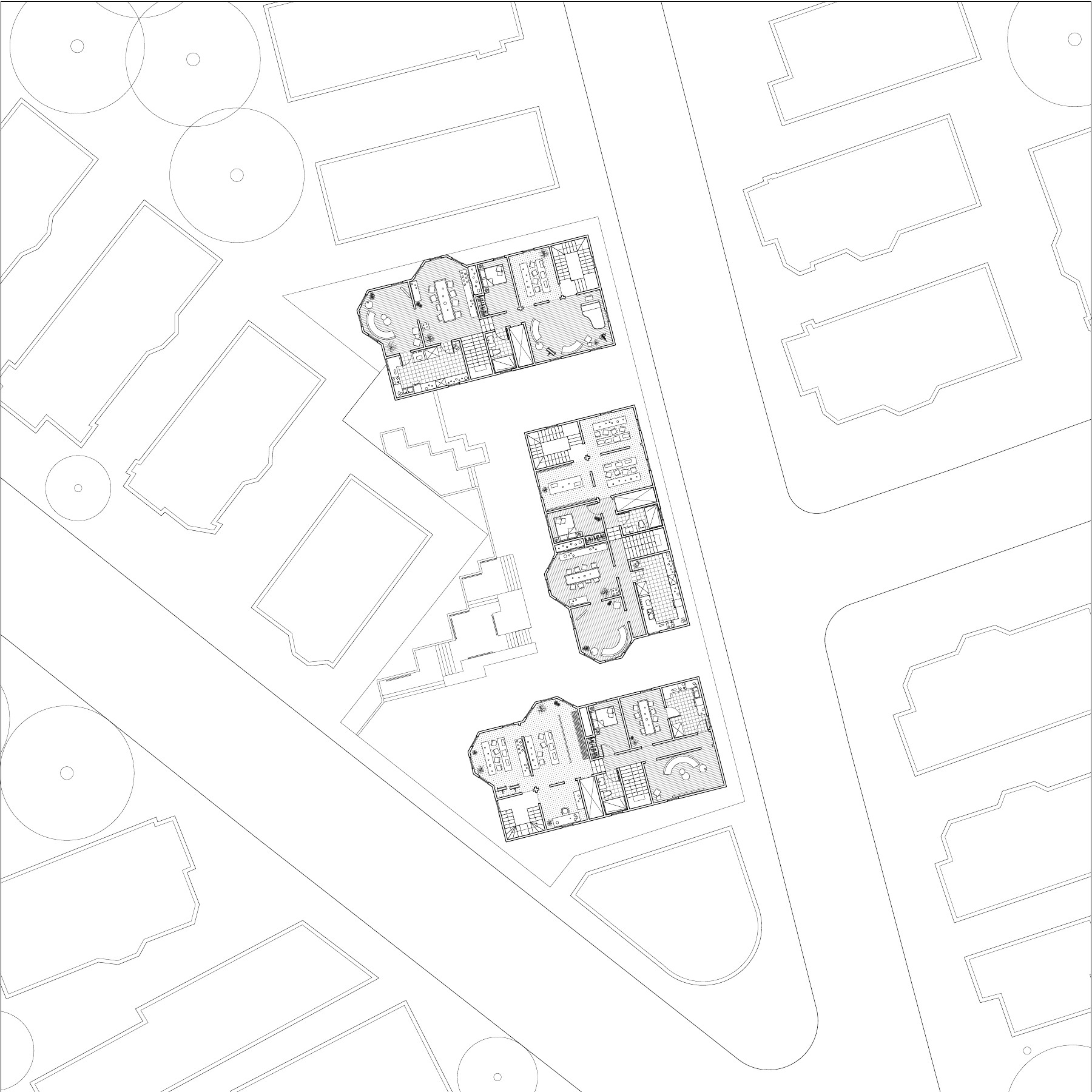 Second site plan iteration connecting three triple-deckers
