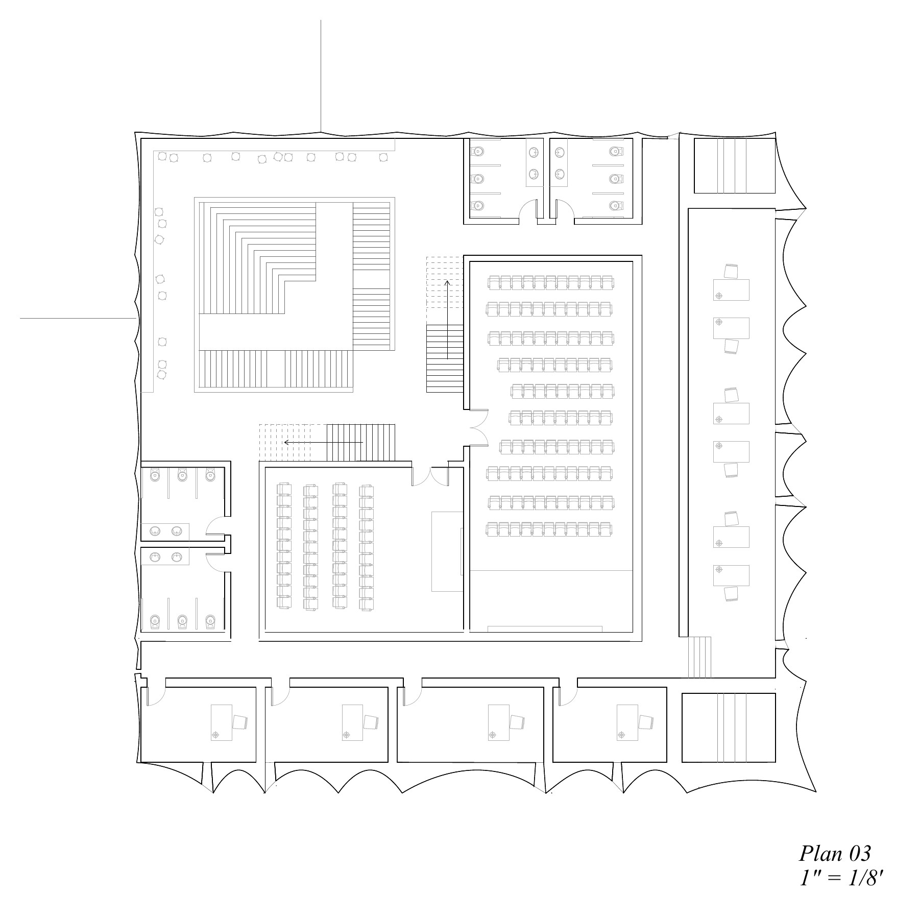 Third-level plan with lecture spaces and reading hallway